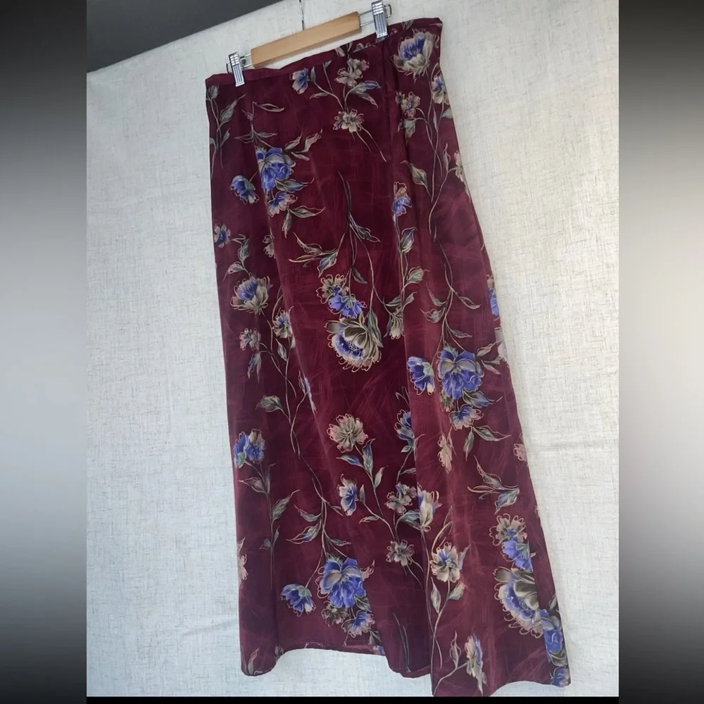 Wine Red Whimsigoth Botanical Floral Print Aline Midi Skirt Size 14